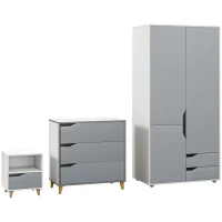 HOMCOM Bedroom Furniture Set, Wardrobe with Hanging Rail, 3 Drawer Chest of Drawers, Bedside Table with Drawer, Grey and White(m-1)