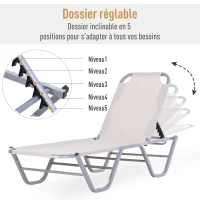 Outsunny Bain de Soleil transat Chaise Longue Design Contemporain Dossier inclinable Multi-Positions aluminium textilène dim. 163L x 58,5I x 91H cm Crème(m-5)