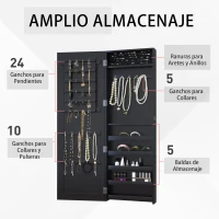 HOMCOM Espejo Joyero Colgante de Pared Armario de Joyería Organizador de Joyas con Ganchos y Ranuras para Collares para Dormitorio Salón 37x9,5x112 cm Negro(m-4)