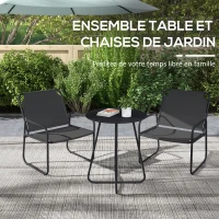 Outsunny Ensemble de jardin 3 pièces, salon de jardin, 2 fauteuils 1 table ronde, acier et tissu mesh, gris(m-5)