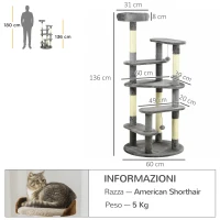 PawHut Albero Tiragraffi per Gatti con Pali in Sisal, Lettino con Cuscino e Pallina, Ø60x136cm, Grigio(m-3)