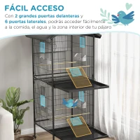 PawHut Jaula para Pájaros Grande de 2 Pisos Convertible en Sola Jaula con Ruedas Comederos 4 Perchas 78x75x168 cm Negro(m-5)
