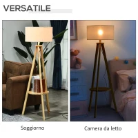 HOMCOM Lampada da Terra con Ripiano Intermedio Paralume in Lino Interruttore a Pedale Risparmio Energetico Altezza 154cm, Legno, 50x50x154 cm(m-7)