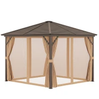 Outsunny 3 x 3(m) Metal Hardtop Gazebo, with Curtains and Accessories - Brown(m-11)