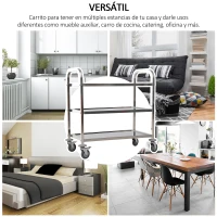 HOMCOM Carrito Auxiliar con Ruedas de Acero Inoxidable 90,5x50,5x88,2 cm Carrito de Cocina con Bandejas y 2 Brazos Plata(m-6)