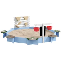Outsunny Wooden Sandbox, Outdoor Sand Pit, with Six Seats, Accessories, for Ages 3-7 Years - Blue(m-1)