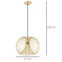HOMCOM Lámpara Colgante Moderna con Casquillo E27 Máx. 40W y Cuerda Ajustable Lámpara de Suspensión de Metal para Comedor Dormitorio Salón Ø37x150 cm Dorado(m-3)