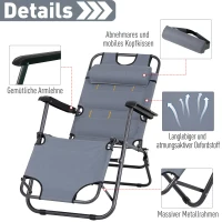 Outsunny Sonnenliege mit Kissen, Klappbare Strandliege, 2-Stufige Gartenliege , 2-in-1 Relaxliege, Metall + Oxfordstoff, Grau 118 x 60 x 80 cm(m-6)