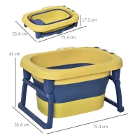 HOMCOM Vaschetta Bagnetto Neonato Pieghevole con Supporto Antiscivolo, Vaschetta da Bagno Portatile per Neonati e Bambini di 0-6 Anni con Foro di Scarico, 75.3x55.4x43cm, Blu e Giallo(m-3)