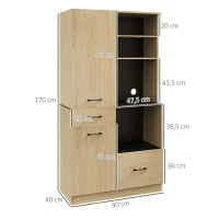 HOMCOM Armario de Cocina con 2 Cajones 2 Armarios 4 Estantes Abiertos Estilo Moderno 90x40x170 cm Roble y Negro(m-3)