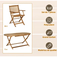 Outsunny Ensemble salon de jardn avec  table à manger ovale et 6 chaises pliables 7 pièces ensemble de meubles extérieur en bois de peuplier pour 6 personnes trou pour parasol(m-4)