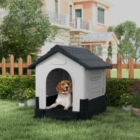 PawHut Plastic Dog Kennel with Windows, for Garden Patio, Medium and Large Dogs, 101 x 88 x 99cm - Grey(m-10)