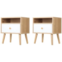 HOMCOM Bedside Table, Bedside Cabinet with Drawer and Shelf, Modern Nightstand, End Table for Living Room, Bedroom, Set of 2, Natural(m-11)