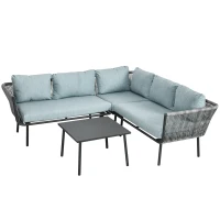 Outsunny Set da Giardino 4 Pezzi in Rattan con Tavolino da Caffè, 2 Divani ad Angolo e Poltroncina, Nero Grigio e Blu(m-1)