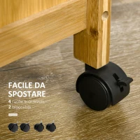 HOMCOM Carrello da Cucina con Cassetto, Armadietto e Cestino Estraibile in Legno con Ruote Girevoli, 66x36x79cm(m-5)