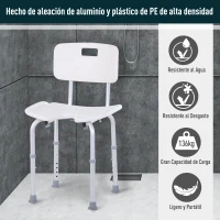 HOMCOM Taburete de Ducha Silla de Baño con Respaldo Altura Ajustable en 6 Niveles Pies Antideslizantes para Ancianos 39,5x36,5x71-83,5 cm Blanco(m-7)