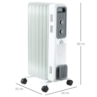 HOMCOM 1500W Oil Filled Radiator, 7 Fin, Portable Electric Heater with 3 Heat Settings, Safety Cut-Off and Wheels, White(m-3)