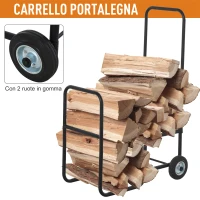 Outsunny Carrello Portalegna in Metallo Nero con 2 Ruote per Interno ed Esterno, Max. 30kg, 56x40x90.5cm(m-6)