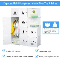 HOMCOM Armoire penderie Modulable Multi-rangements 10 cubes + 2 étagères + Autocollants décoratifs 111L x 47l x 145H cm en Plastique Blanc(m-7)