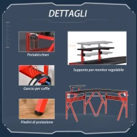 HOMCOM Scrivania Gaming Angolare per Ufficio o Camera, Scrivania per Computer con Portapc ad Angolo in Metallo, 125x125x75cm, Nero e Rosso(m-7)