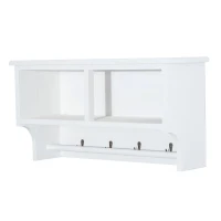 HOMCOM Entryway Coat Rack Wall Mounted Shelf w/ 2 Corn Husk Baskets and Hooks, White(m-6)