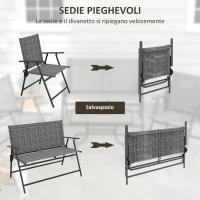Outsunny Set Salotto da Giardino con Tavolino in Vetro, 2 Poltrone e Divanetto Pieghevoli, Grigio(m-5)