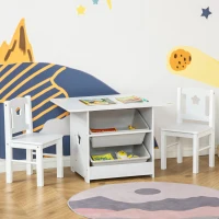 HOMCOM 3-tlg. Kindersitzgruppe mit 1 Kindertisch 2 Stühle Sitzgruppe mit Stauraum Kindermöbel für Kleinkind ab 2 Jahre Weiß+Grau 71 x 48 x 49,5 cm(m-2)
