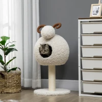 HOMCOM Kratzbaum für Katzen, Schafdesign inkl. Katzenhöhle u. Kratzstamm, waschbares Kissen, Cremeweiß + Braun(m-2)