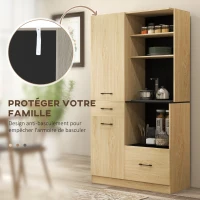 HOMCOM Armoire meuble de cuisine avec 2 tiroirs 2 placards 4 niches étagères réglables et passe-câbles H170 cm noir naturel(m-6)