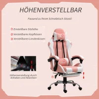 Vinsetto Gamingstuhl Computerstuhl Ergonomischer Bürostuhl Gamer Stuhl mit Kopfstütze Lendenkissen Bürostuhl höhenverstellbar 360°drehbar Schaumstoff Kunstleder PVC Rosa+Weiß 64 x 67 x 119-127 cm(m-4)