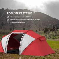 Outsunny Tente de camping familiale 4-6 personnes tente dôme étanche légère, ventilée 2 cabines fenêtre grande porte gris rouge(m-5)