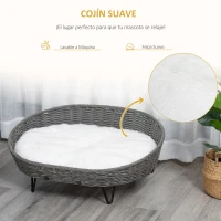 PawHut Cama para Perros Gatos de Mimbre Cesta Ratán para Mascotas Medianas Pequeñas con Cojín Lavable y Patas Elevadas de Acero 76x59x32 cm Gris y Blanco(m-5)
