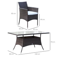 Outsunny 6 Seater Rattan Dining Set with Cushions, Rattan Garden Furniture Set with 6 Armchairs, Rectangular Glass Top Table, Outdoor Dining Table and Chairs, Brown(m-3)