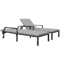 Outsunny Outdoor PE Rattan Sun Lounger Set of 2, Wicker Chaise Recliner Garden Chair with 5-Level Adjustable Backrest and 2 Wheels, Grey(m-1)