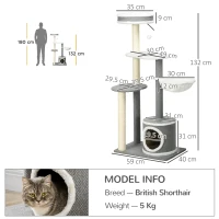 PawHut Cat Tree for Indoor Cats, Cat Tower with Scratching Posts, Multi-level Kitten Climbing Tower, 132cm(m-3)