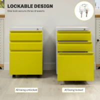 Vinsetto 3 Drawer Filling Cabinet, Mobile Metal File Cabinet with Anti-tilt Design for Letter, A4, Legal Size, Yellow(m-6)