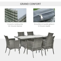 Outsunny Ensemble Salon de Jardin 6 Personnes - Grande Table rectangulaire, 6 fauteuils - 6 Coussins d'assise déhoussables Inclus - métal époxy Verre trempé 5 mm résine tressée Grise(m-5)