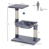 PawHut Tiragraffi per Gatti Multilivello con Amaca e Pallina, Legno e Peluche, 50x36x70cm, Grigio(m-3)