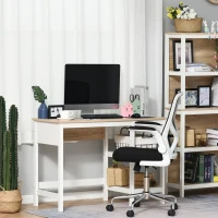 HOMCOM Schreibtisch mit 2 Ebenen Regal, Computertisch, Bürotisch, MDF, Natur+Weiß, 110 x 48 x 76,2 cm(m-2)