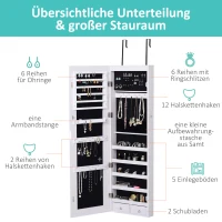 HOMCOM Schmuckschrank Spiegelschrank Wandschrank mit LED Wand-/Türmontage MDF Weiß 37 x 120 x 10 cm(m-6)