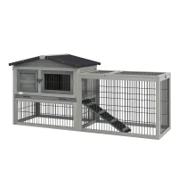 PawHut Clapier de sol cage à lapin cottage niche supérieure avec rampe enclos extérieur 150 x 52 x 68 cm gris(m-10)