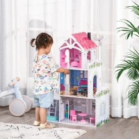 HOMCOM Puppenhaus aus Holz mit Möbeln Zubehör Puppenstube Puppenvilla 3 Etagen Dollhouse Große Spielset für Kinder ab 3 Jahren Rosa 60 x 29 x 85 cm(m-2)