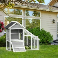 PawHut Conigliera in Legno con Area Aperta e Rampa, Gabbia per Conigli con Fondo Estraibile e Porte, 140x65x120 cm, Grigia(m-2)