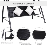 Outsunny Dondolo Polyrattan da Giardino a 3 posti, 2 Cuscini e Baldacchino Ferro Verniciato a Polvere Tetto Idrorepellente Cuscini Sfoderabili 198x124x179cm 360kg(m-6)