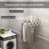 HOMCOM Tendedero de Pared Extensible de 63,5 cm Tendedero de Ropa de Metal con 5 Barras para Interior y Exterior Baño Balcón Carga 10 kg 63,5x60x20 cm Blanco(m-4)