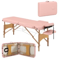 HOMCOM Camilla de Masaje Plegable con Reposacabezas Extraíble Asa Marco de Madera y Altura Regulable 210x81x67-92 cm Rosa(m-10)