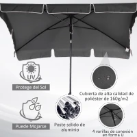 Outsunny Sombrilla de Terraza de Aluminio 198x130x245 cm Parasol de Jardín Rectangular con Función de Inclinación Gris(m-6)
