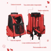 PawHut Sac de transport à roulettes pour chien 2 en 1 trolley chariot sac à dos pour chien chat avec poignée téléscopique, sacs de rangement, aérations, attache de sécurité, 42 x 25 x 55 cm, rouge(m-7)