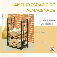 Outsunny Estante de Leña para Chimenea 44,5x29,5x73 cm Soporte para Leña de 2 Niveles Leñero Exterior e Interior Metálico con 4 Herramientas Carga Máx. 70 kg Negro(m-4)