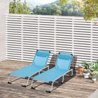 Outsunny Foldable Outdoor Sun Loungers Set of 2, Reclining Lounge Chair Camping Bed Cot with Pillow 4-Level Adjustable Back Aluminium Frame, Blue(m-10)